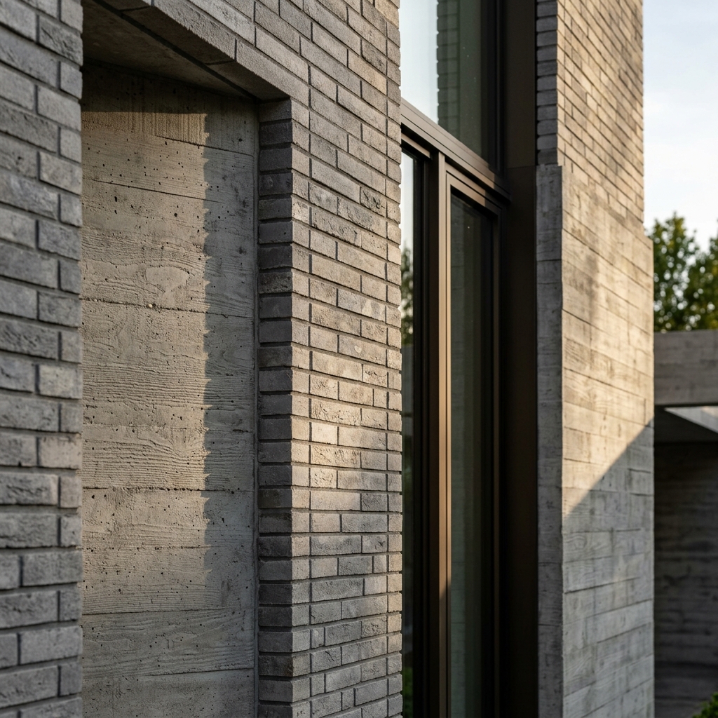 Minimalist architectural facade showing eco-friendly gray bricks and concrete textures